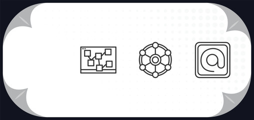 outline icons set - technology concept. data architecture, mood board, multichannel marketing, mentions.