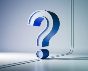 Blue and white 3D large question mark on a minimalist background, symbolizing inquiry, uncertainty, or the search for answers, ideal for websites or presentations needing a question mark image