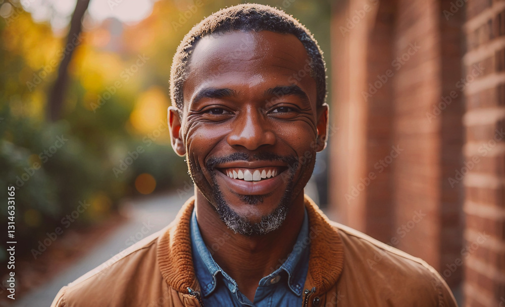 Poster man with a beard and a smile is standing in front of a brick wall. he is wearing a brown jacket and 