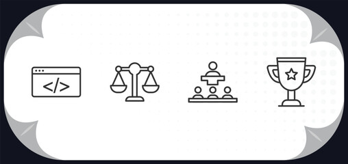 outline icons set - strategy concept. coding, balance, conference, trophy.