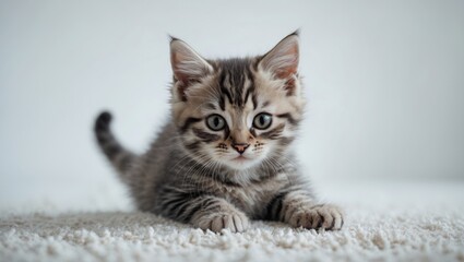 Obraz premium Close-up of a kitten on a white carpet against a white background.