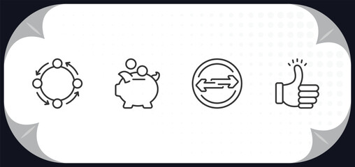 outline icons set - startup stategy and concept. procedure, piggybank, exchanging, accept.
