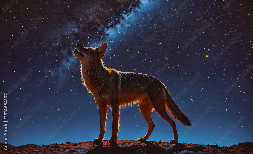 Aufkleber wolf is standing on a hillside and looking up at the sky. the sky is filled with stars and the moon 