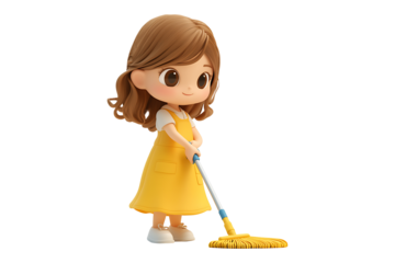 3D cute Young woman housewife cleaning Isolated on White and Transparent Background PNG Image.