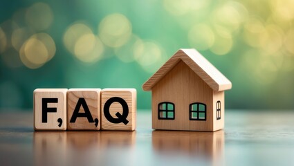 Close up of a FAQ text block alongside a toy wooden house on a wooden table.