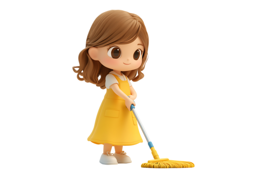 3D cute Young woman housewife cleaning Isolated on White and Transparent Background PNG Image. - Powered by Adobe