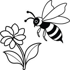  Bee flying near a flower silhouette illustration.