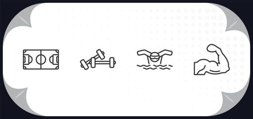 outline icons set - sport concept. soccer field, training, swimming, muscle.