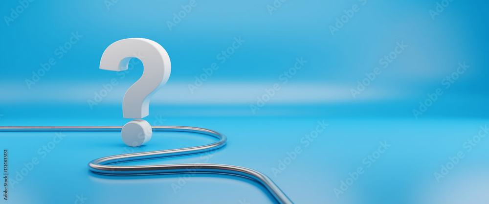 Poster White large question mark on a blue background, situated on a curved silver path, symbolizing a journey of inquiry and the search for solutions, ideal for problem-solving or decision-making concepts