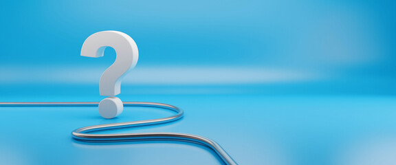 White large question mark on a blue background, situated on a curved silver path, symbolizing a journey of inquiry and the search for solutions, ideal for problem-solving or decision-making concepts