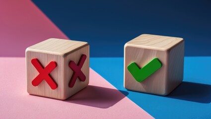 Symbols of wrong and right on wooden cubes against a background. Evaluation of exam or test, approval or disapproval, voting yes or no, decision making concept involving positive or negative choices.