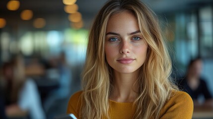 Fototapeta premium Portrait of a Young Woman with Long Blonde Hair in a Cafe