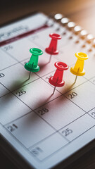 Close-up of colored pushpins on a calendar, marking specific dates, symbolizing planning, scheduling, and organization for time management and project deadlines