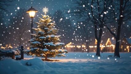 Christmas tree and falling snow in the evening light creating a festive magical atmosphere.
