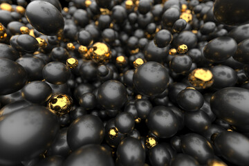 Abstract composition with black and gold spheres. 3d render