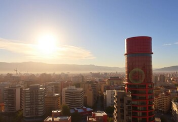 Barcelona cityscape, sun reflecting on skyscrapers, red cylindrical building, warm glow, photography, skyscraper