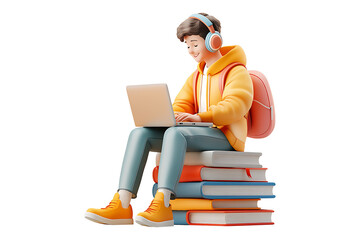 3d happy student man with headphone Isolated on White and Transparent Background PNG Image.