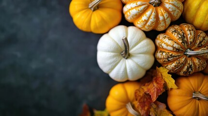 Assortment Of Colorful Pumpkins And Autumn Leaves On Dark Surface With Natural Lighting