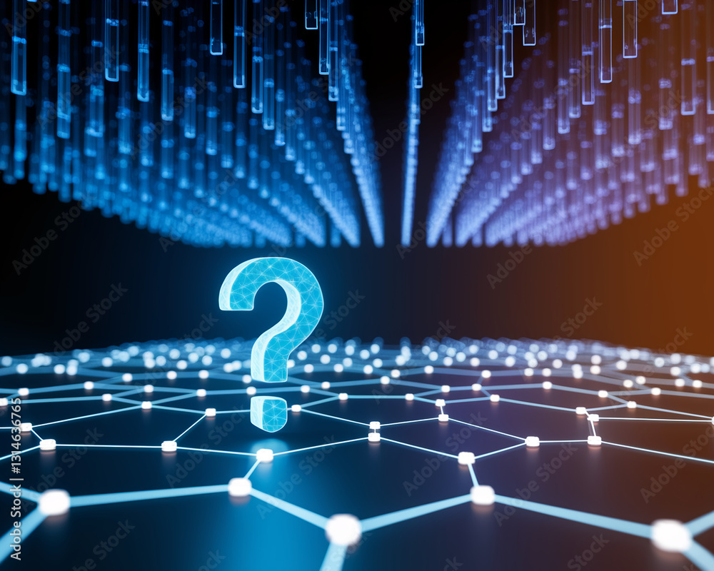 Poster glowing blue large question mark on network, abstract digital background, concept of uncertainty, in