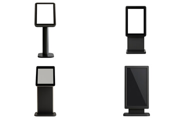 Realistic 3D interactive information kiosk terminal stand with screen display isolated on transparent background