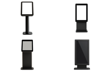 Realistic 3D interactive information kiosk terminal stand with screen display isolated on transparent background