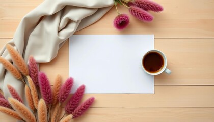 Blank paper on beige wood desk, linen blanket, coffee, pampas grass, wedding invite, flat lay, paper, texture