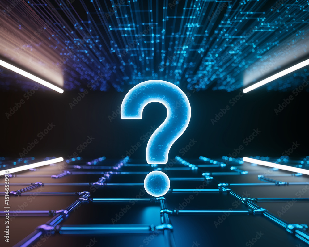 Poster glowing blue large question mark on dark grid, illuminated by neon lights, suggesting enigma, myster
