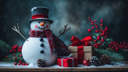 Obraz premium Christmas snowman cheerful gift on a wooden table handicrafts