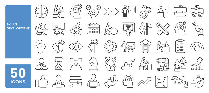 Set of 50 line icons related to skills development, growth, teamwork, hard work, soft skills, training, coaching, success, progress, self learn, Editable stroke. Vector illustration