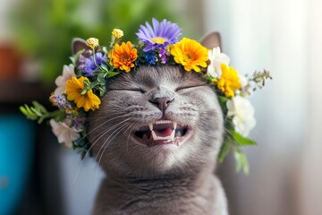 Obraz premium Cute adult cat russian blue wearing feral flower circlet on its head. Sunny daylight. Vacation time happiness. Sunny outdoor happiness for cats. Sunshine and flowers for cats.