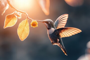 Hummingbird feeding on bright yellow flower in sunlight