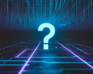 Glowing cyan large question mark on a digital circuit background, lines of light converge, creating a futuristic and mysterious scene, ideal for technology or problem-solving concepts