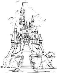 gothic house, city, town, vector, building, illustration, cartoon, street, architecture, castle, old, home, urban, design, art, sketch, drawing, travel, vintage, tree, europe, seamless, village, roof,