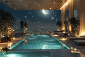 Obraz premium Luxury Rooftop Pool Night View: Cityscape, Moon, and Tranquil Waters