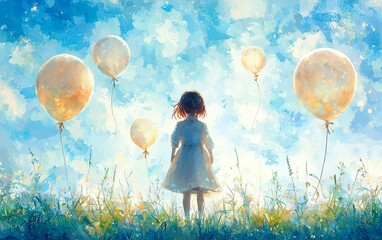 A beautiful impressionist-style painting of a young girl in a white dress watching balloons float into a bright blue sky.
