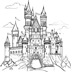 Obraz premium gothic house, city, town, vector, building, illustration, cartoon, street, architecture, castle, old, home, urban, design, art, sketch, drawing, travel, vintage, tree, europe, seamless, village, roof,