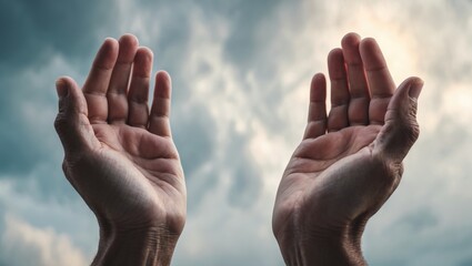 Christian man with open hands in worship. Therapy, assistance, repentance, mind, prayer. Conceptual background.