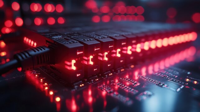 Futuristic Data Center: Red Illuminated Servers and Circuitry