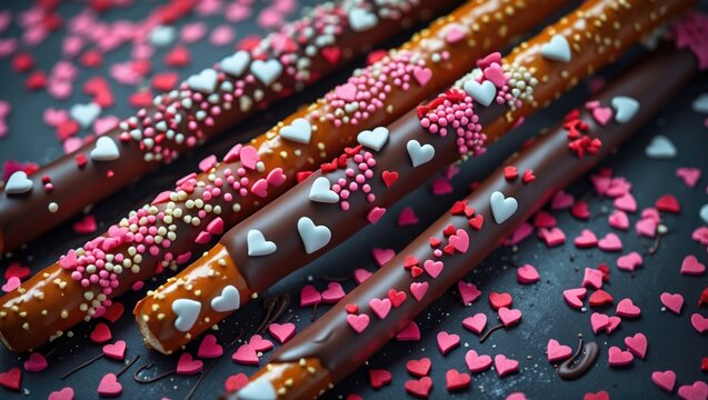 Chocolate-dipped pretzel rods adorned with heart-shaped sprinkles.