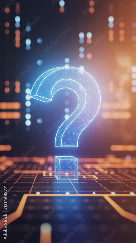 Poster Glowing blue large question mark on a digital grid, symbolizing inquiry, uncertainty, or problem-solving in technology or data analysis