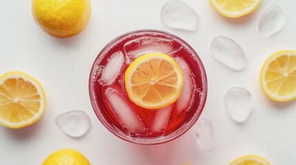 High-angle shot of a refreshing glass of iced tea with fresh lemon slices, top-down perspective on white