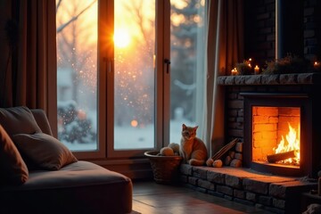 Soft light from fireplace on frosted windowpane, serene, peaceful, fireplace