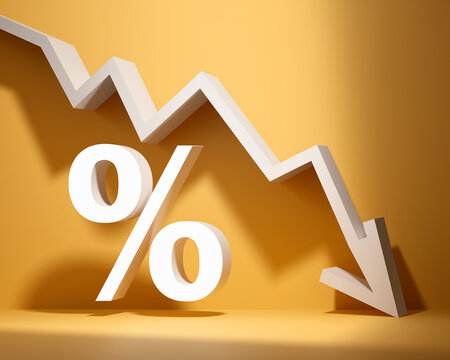 3D render of white percentage sign and downward arrow against yellow background, symbolizing decreasing percentage, interest rate, or economic downturn