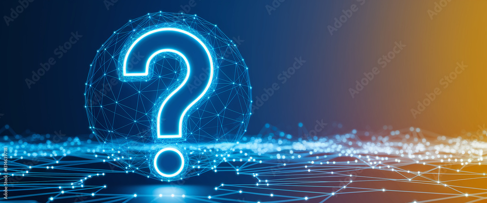 Aufkleber glowing large question mark inside a blue polygonal sphere, on a network background, symbolizing inq