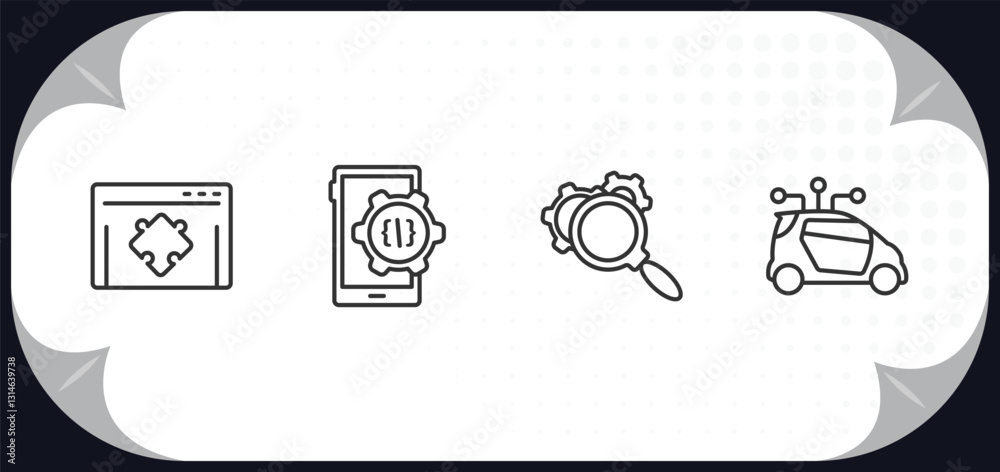 Poster outline icons set - programming concept. plugin, mobile development, optimization, smart car.