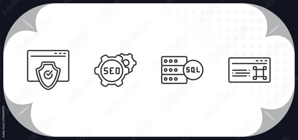 Poster outline icons set - programming concept. authorize, image seo, mysql, command.