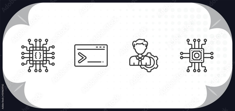Poster outline icons set - programming concept. hardware, code terminal, seo management, microchip.