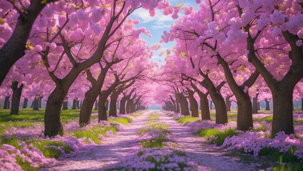Cherry blossom trees aligned in a row during the spring.