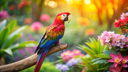 Fototapeta premium A Vibrant Scarlet Macaw Perched on a Branch Amidst a Lush Garden of Colorful Blossoms, Bathed in the Warm Glow of Golden Sunlight