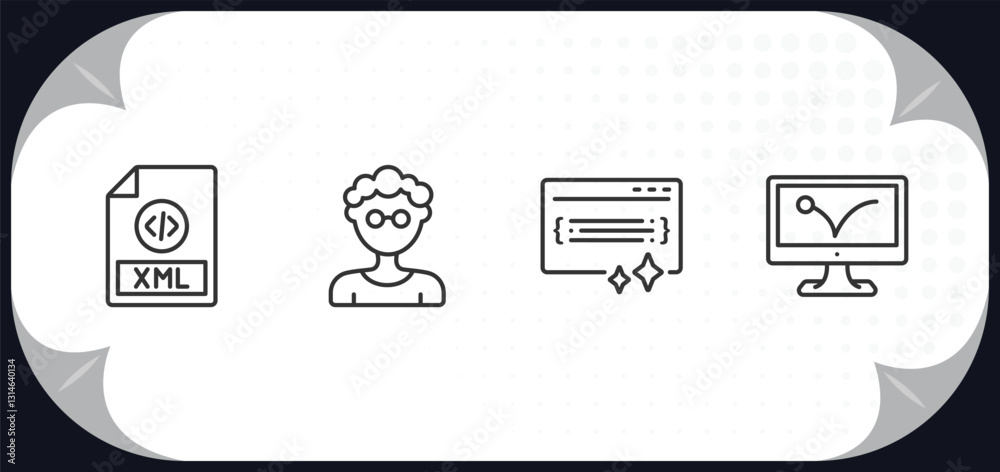 Poster outline icons set - programming concept. xml, developer, clean code, advertising bounce.